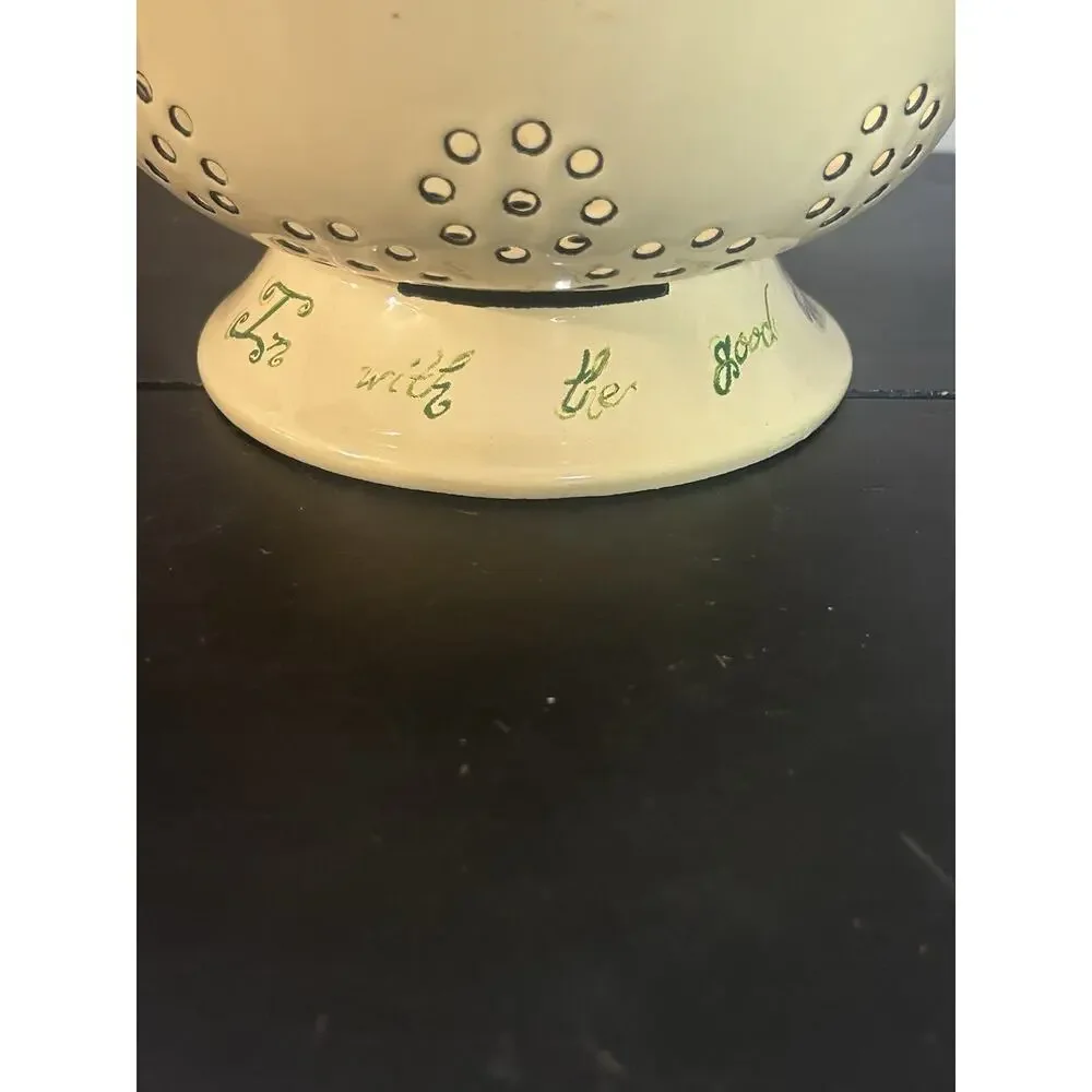 Vintage Enamelware Footed Colander Strainer Yellow Green Floral Farmhouse